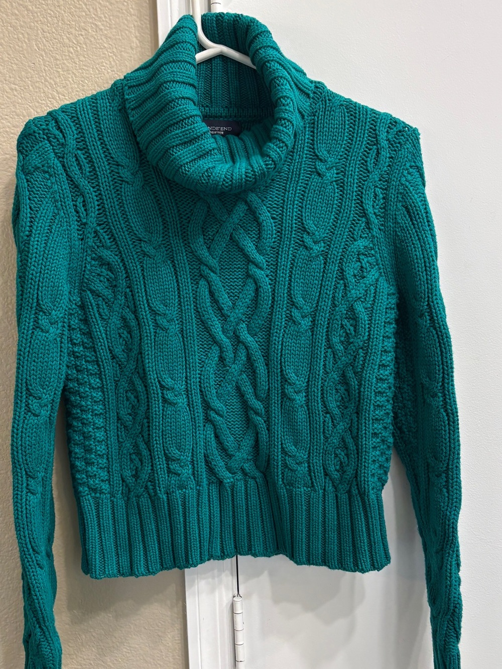 Lands' End Teal Green Cable Knit Chunky Turtleneck Sweater Size Medium